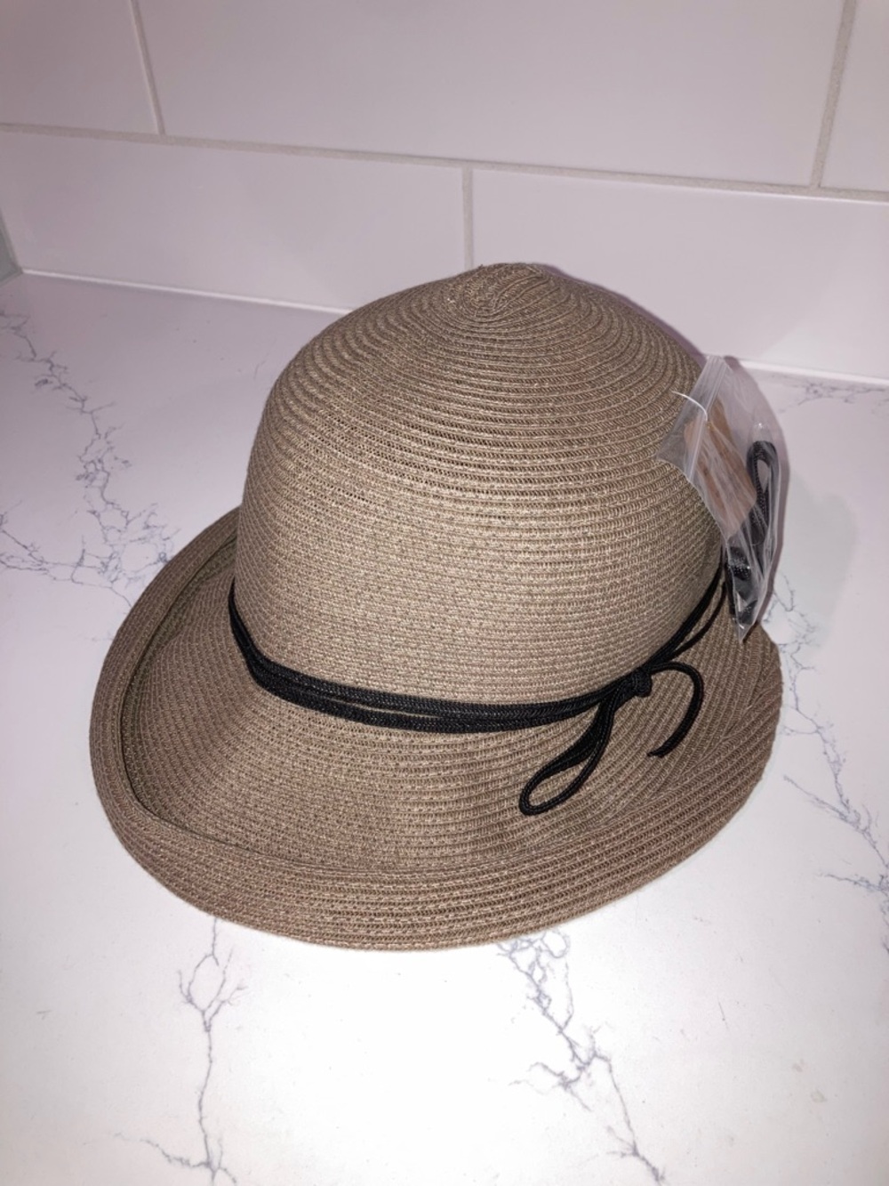 Taupe Wide Brim Straw Hat w/ Black Ribbon Trim - NWT